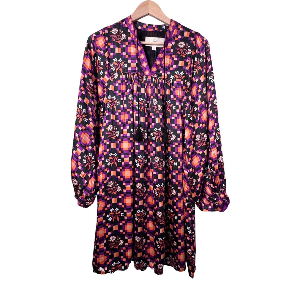 Printfresh Purple Orange Geometric Floral Tassel Mini Dress Small Boho Tunic NEW